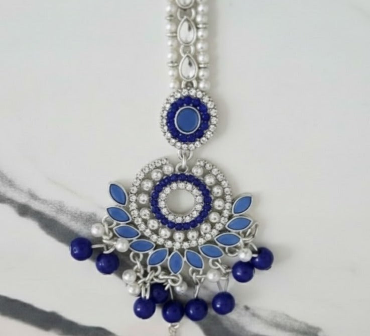 Tone Floral Maang Tikka & Earring Set with Cobalt Blue Accents