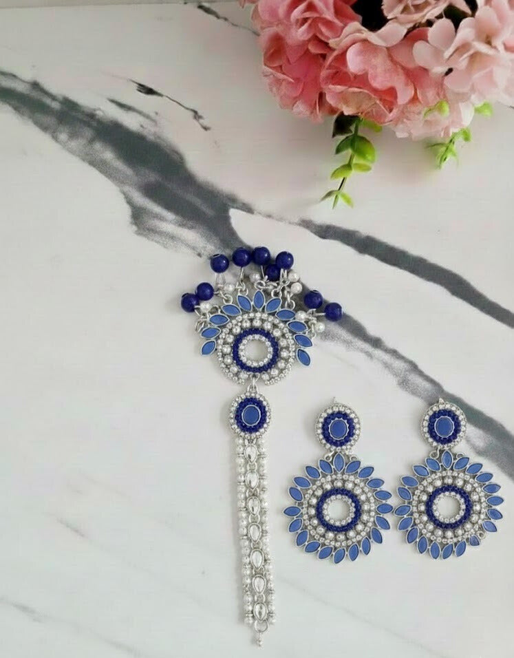 Tone Floral Maang Tikka & Earring Set with Cobalt Blue Accents