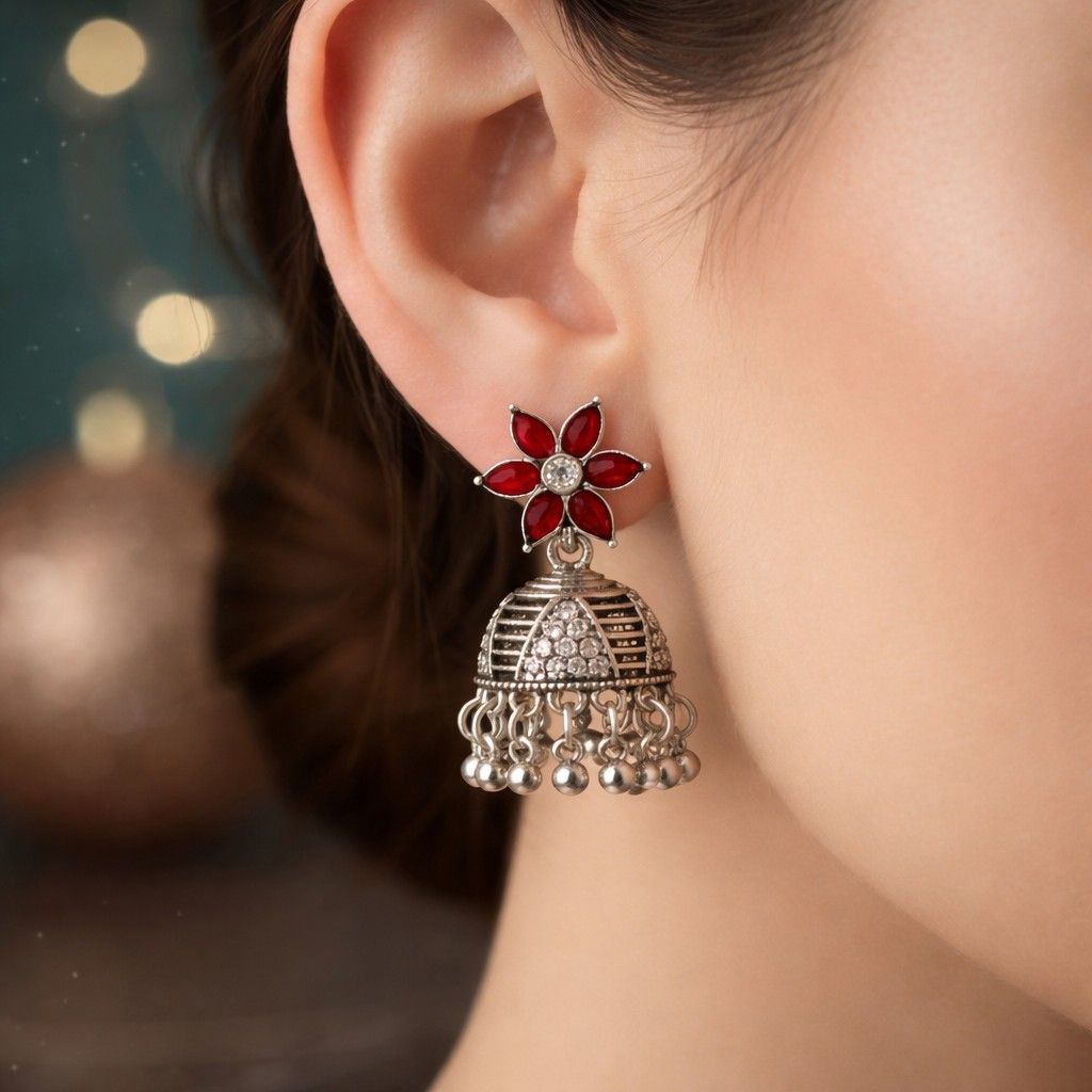 Antique Silver Red Floral Jhumka Earrings