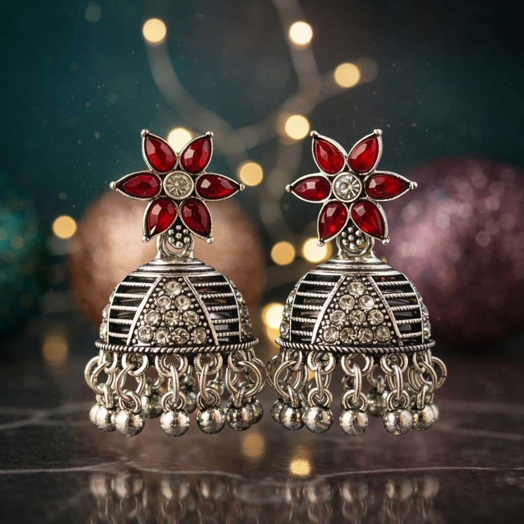 Antique Silver Red Floral Jhumka Earrings