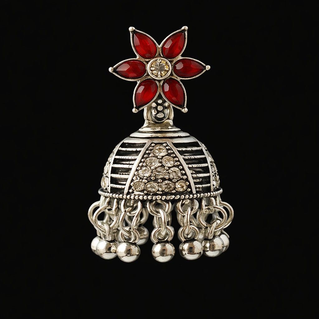Antique Silver Red Floral Jhumka Earrings