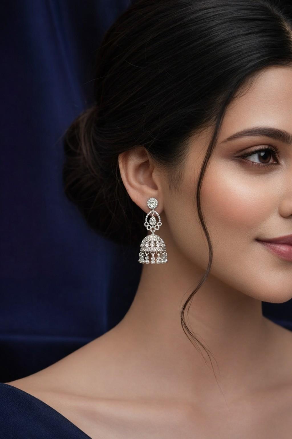 Silver Crystal Teardrop Hoop Dome Jhumka Earrings