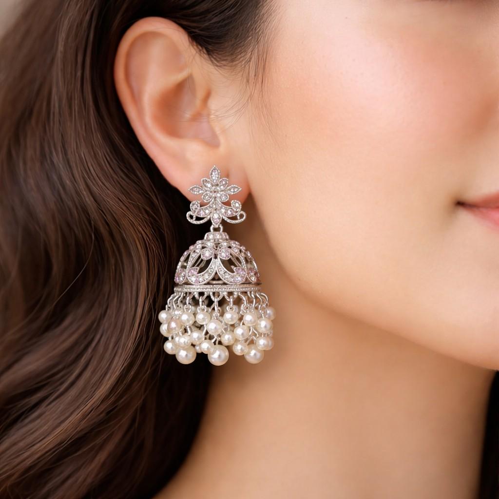 Antique Silver Pastel Floral Pearl Dome Jhumka Earrings