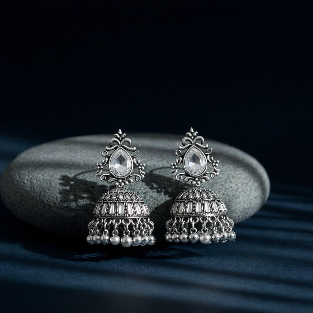 OAntique Silver Teardrop Crystal Dome Jhuka Earrings