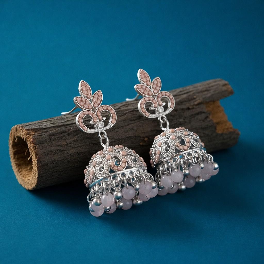 Antique Silver Peach Stone Pearl Dome Jhuka Earrings