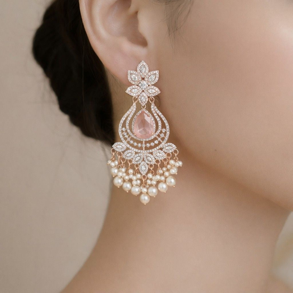 Peach Teardrop Crystal Pearl Drop Statement Earrings
