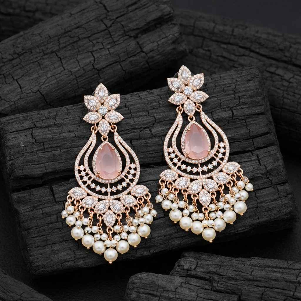 Peach Teardrop Crystal Pearl Drop Statement Earrings