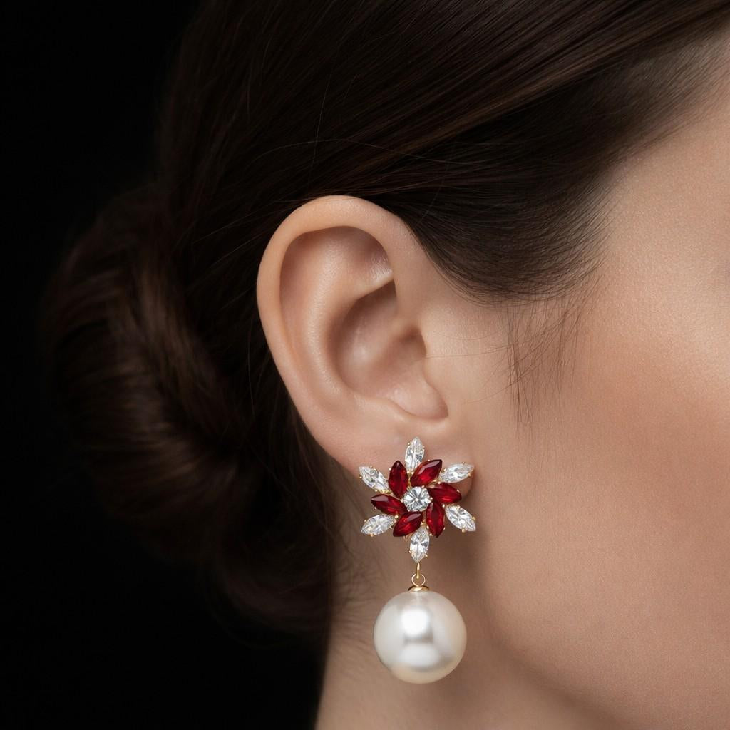 Luxury Floral Crystal Pearl Drop Earrings – Red & Clear Stone Design
