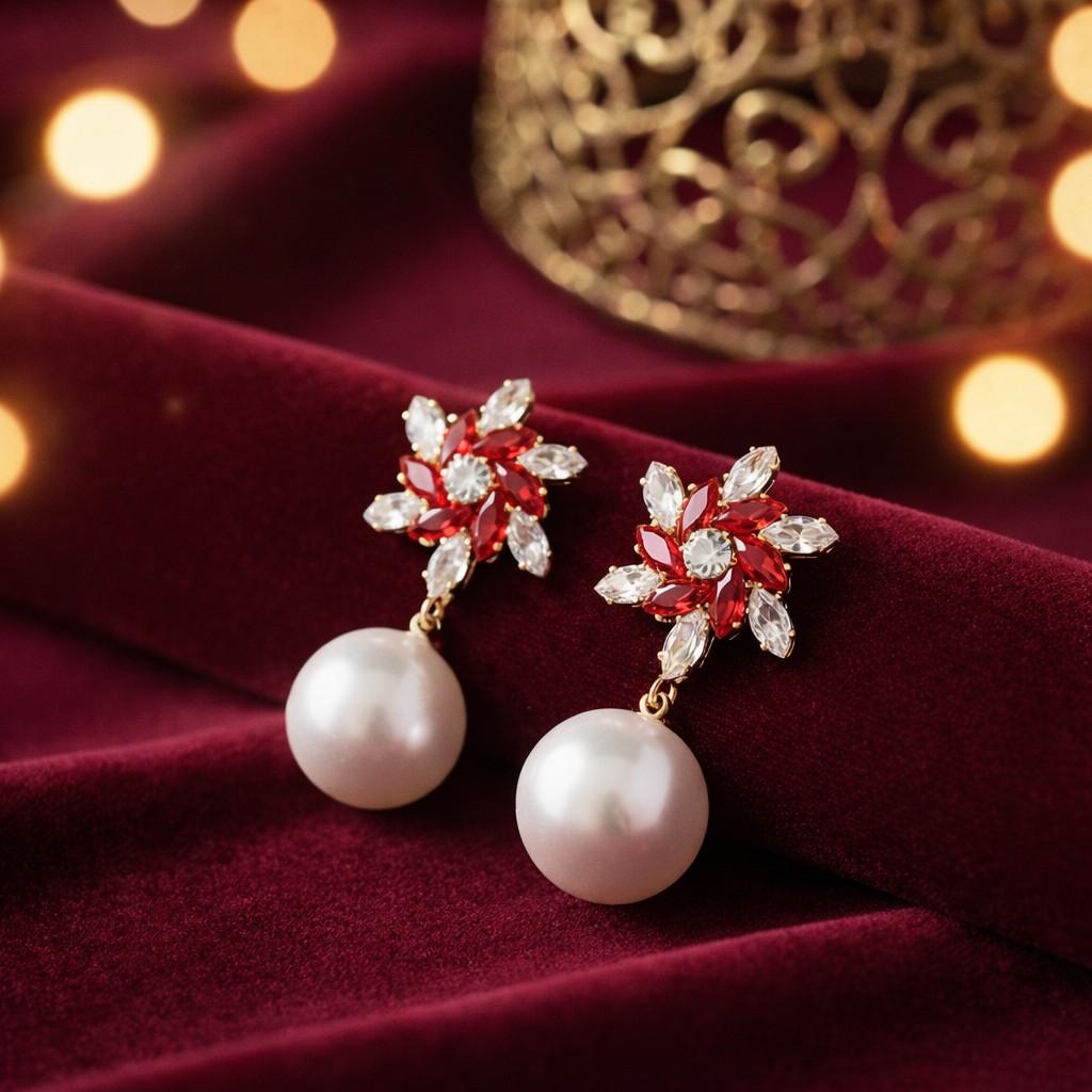 Luxury Floral Crystal Pearl Drop Earrings – Red & Clear Stone Design