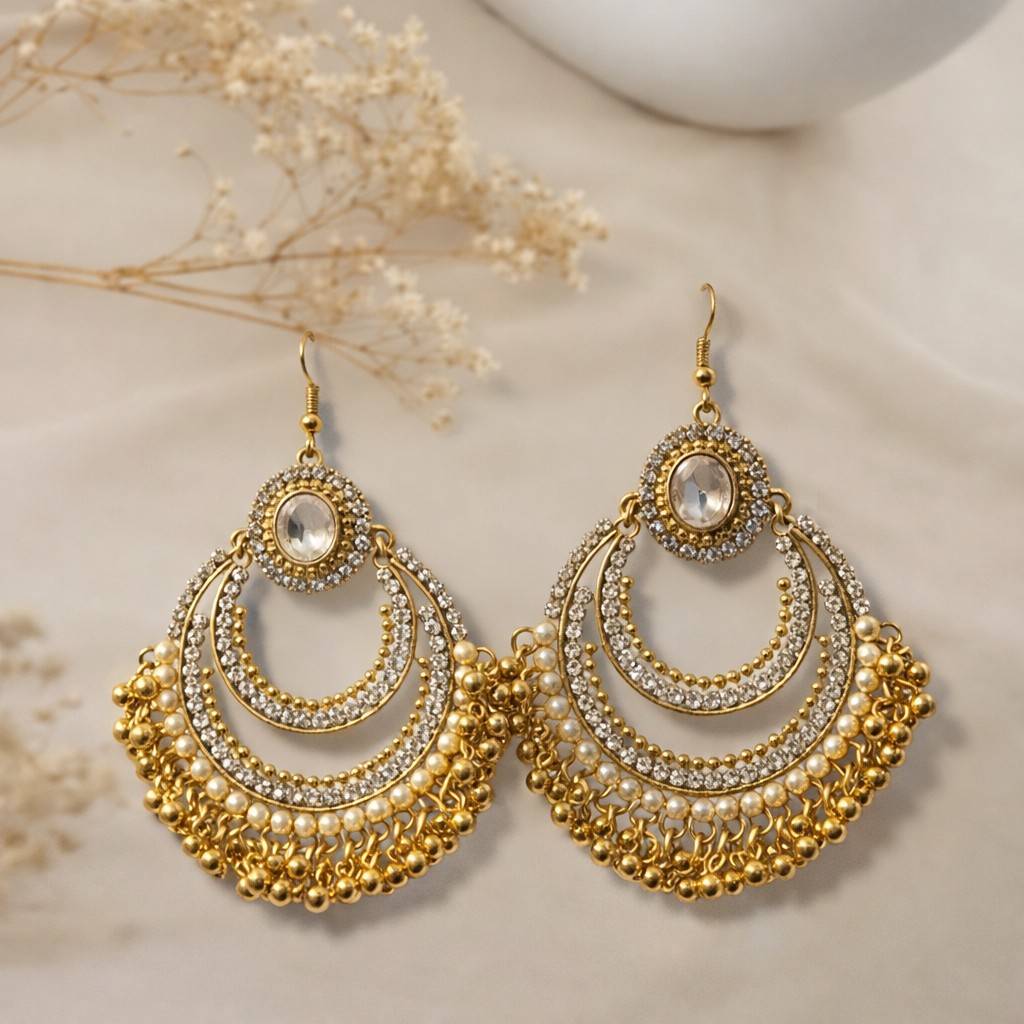 Luxury Gold-Tone Crystal Chandbali Earrings with Pearl & Bead Detailing