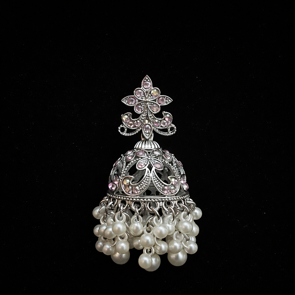 Antique Silver Pastel Floral Pearl Dome Jhumka Earrings