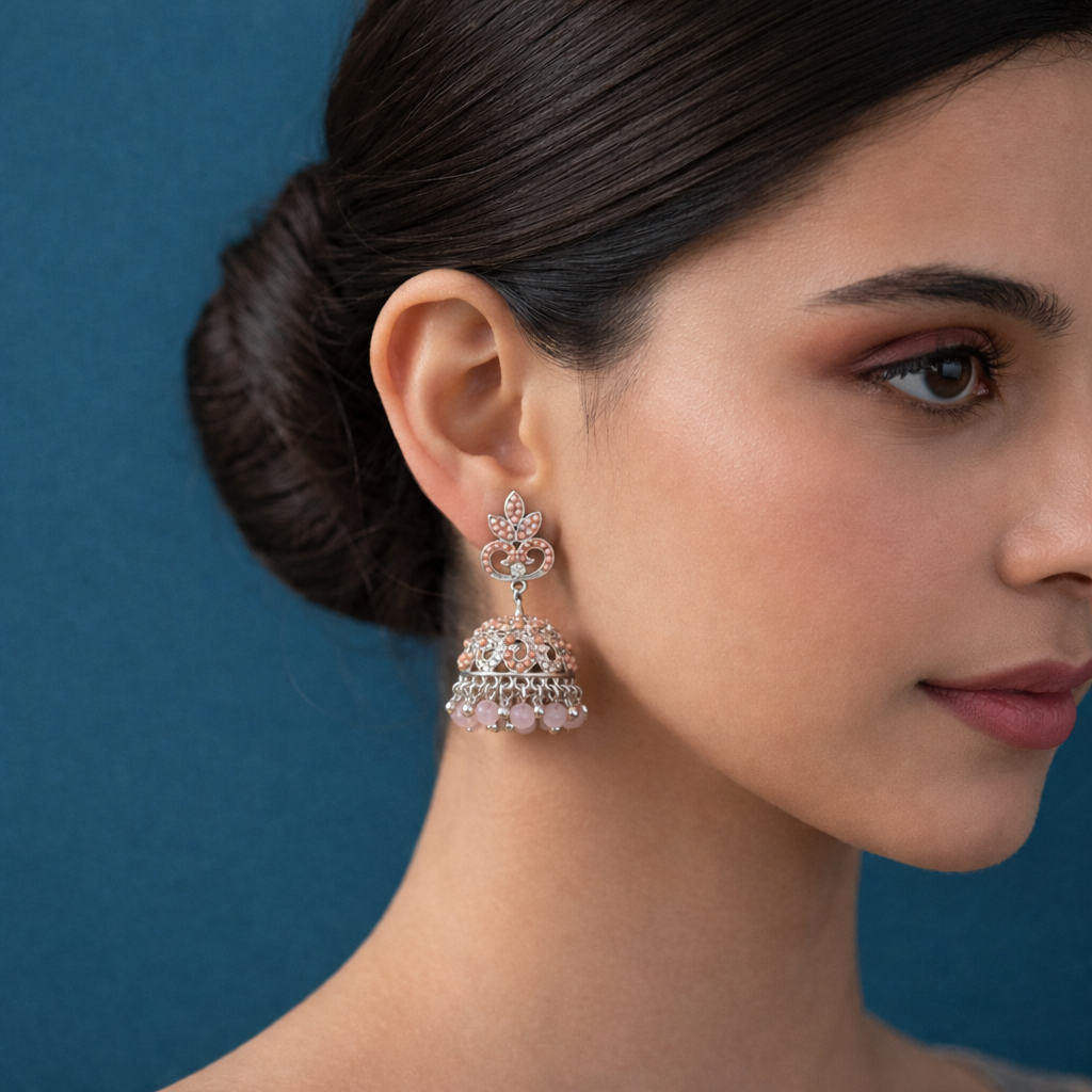 Antique Silver Peach Stone Pearl Dome Jhuka Earrings