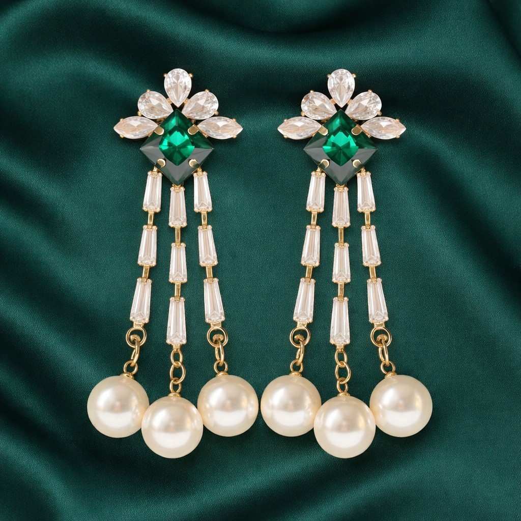 Emerald Green Crystal Pearl Drop Statement Earrings