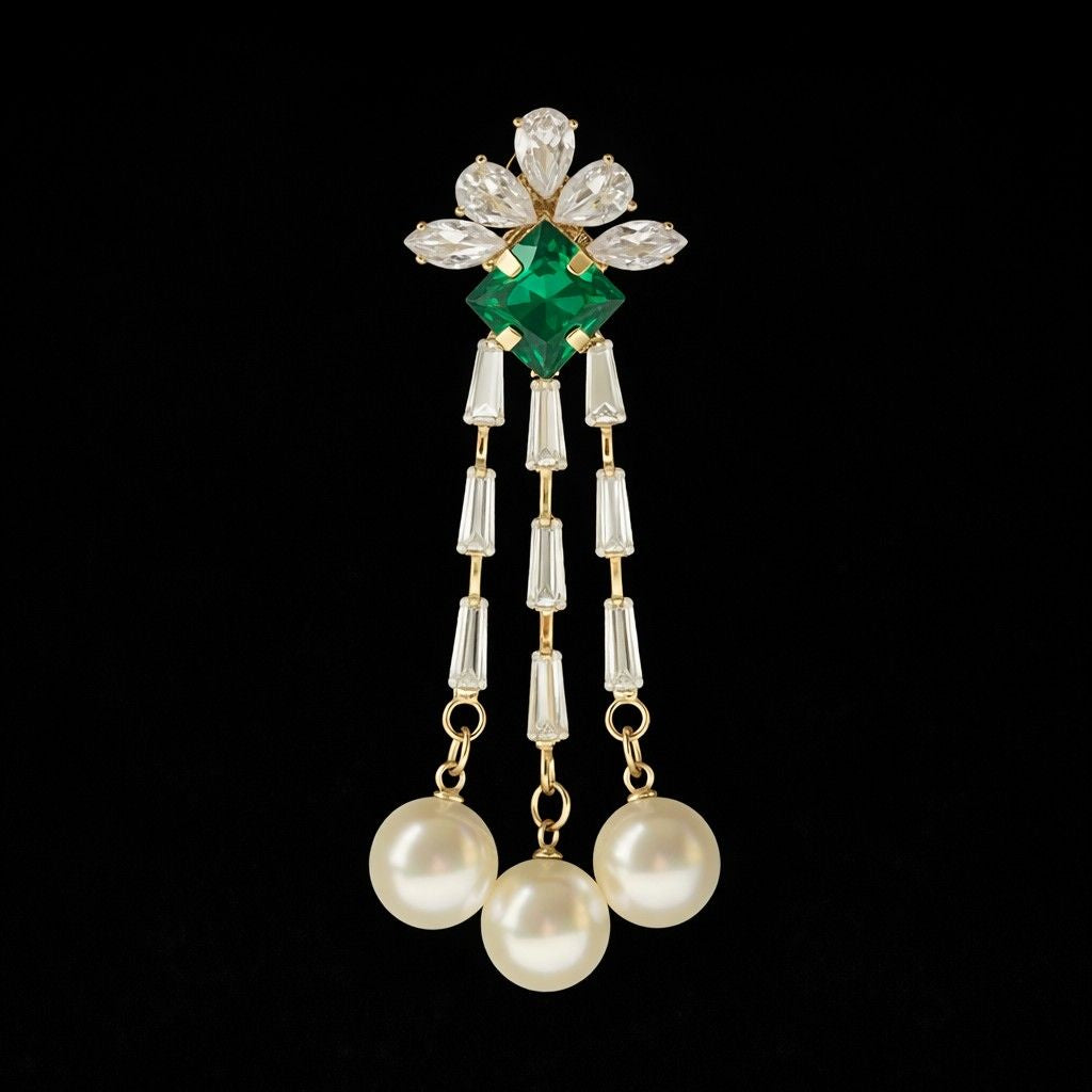 Emerald Green Crystal Pearl Drop Statement Earrings