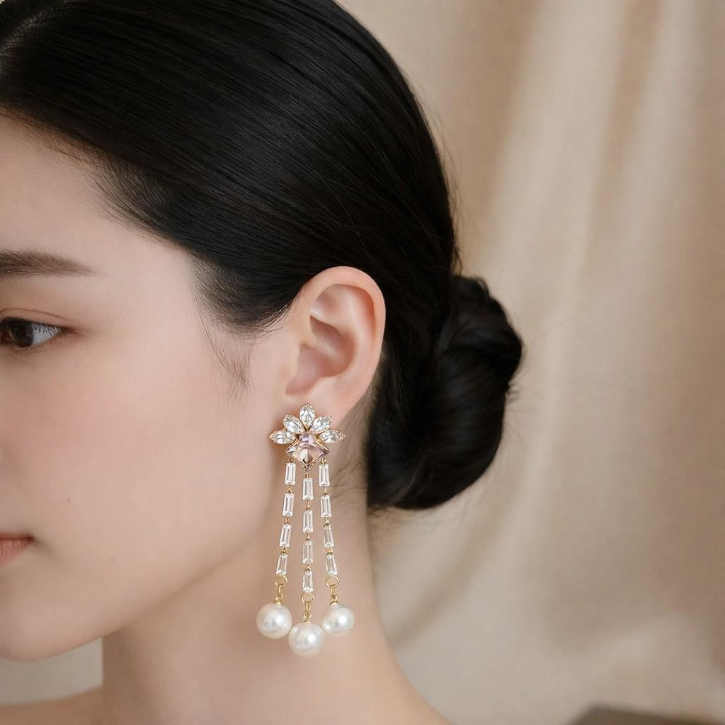 Emerald Green Crystal Pearl Drop Statement Earrings