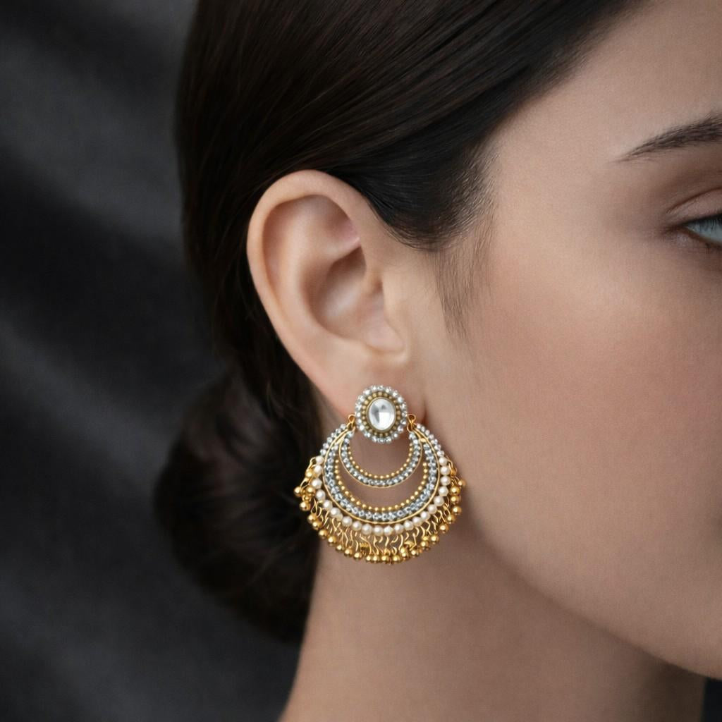 Luxury Gold-Tone Crystal Chandbali Earrings with Pearl & Bead Detailing