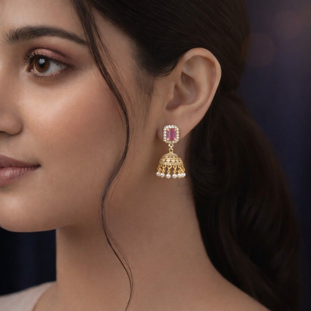 Rose Gold Pink Stone Dome Jhuka Earrings