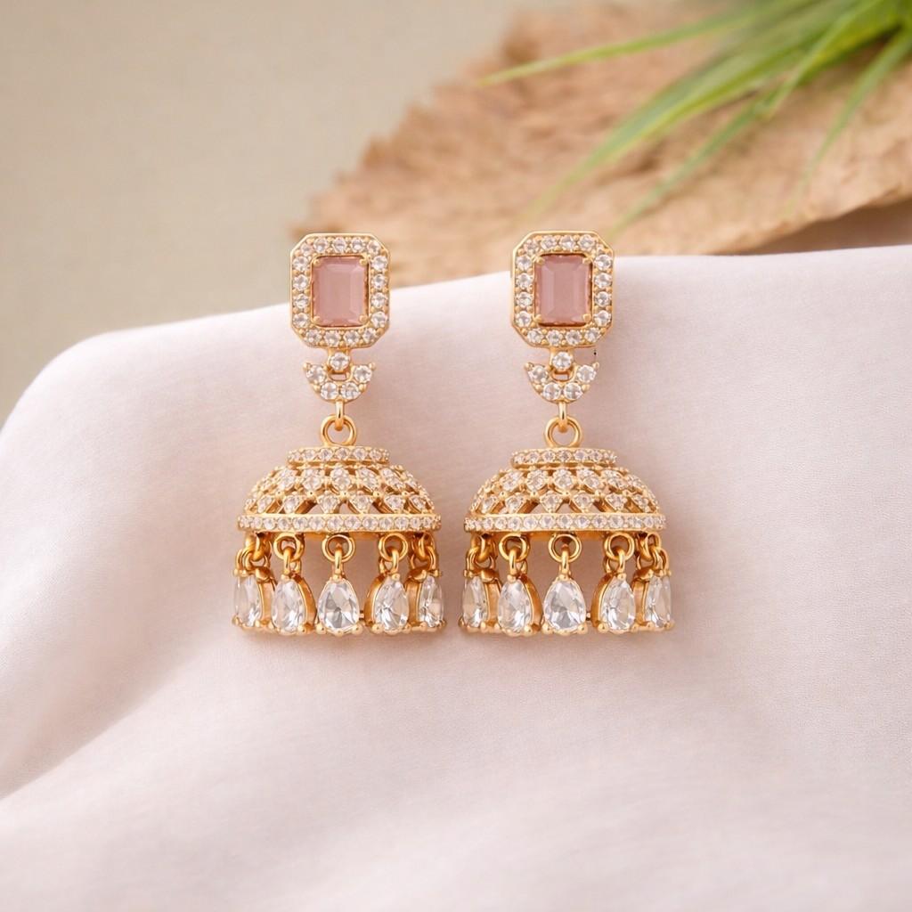 Rose Gold Pink Stone Dome Jhuka Earrings