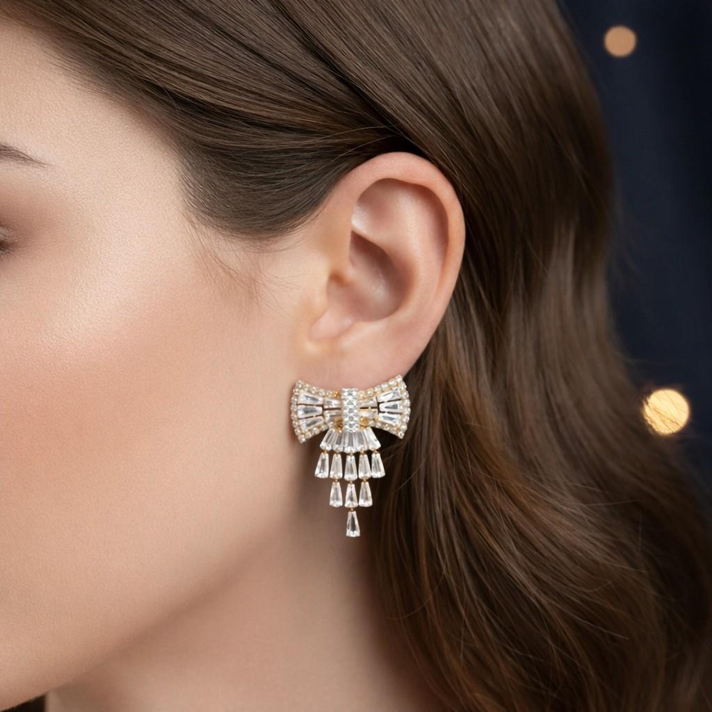 Silver-Tone Baguette Crystal Chandelier Bow Earrings