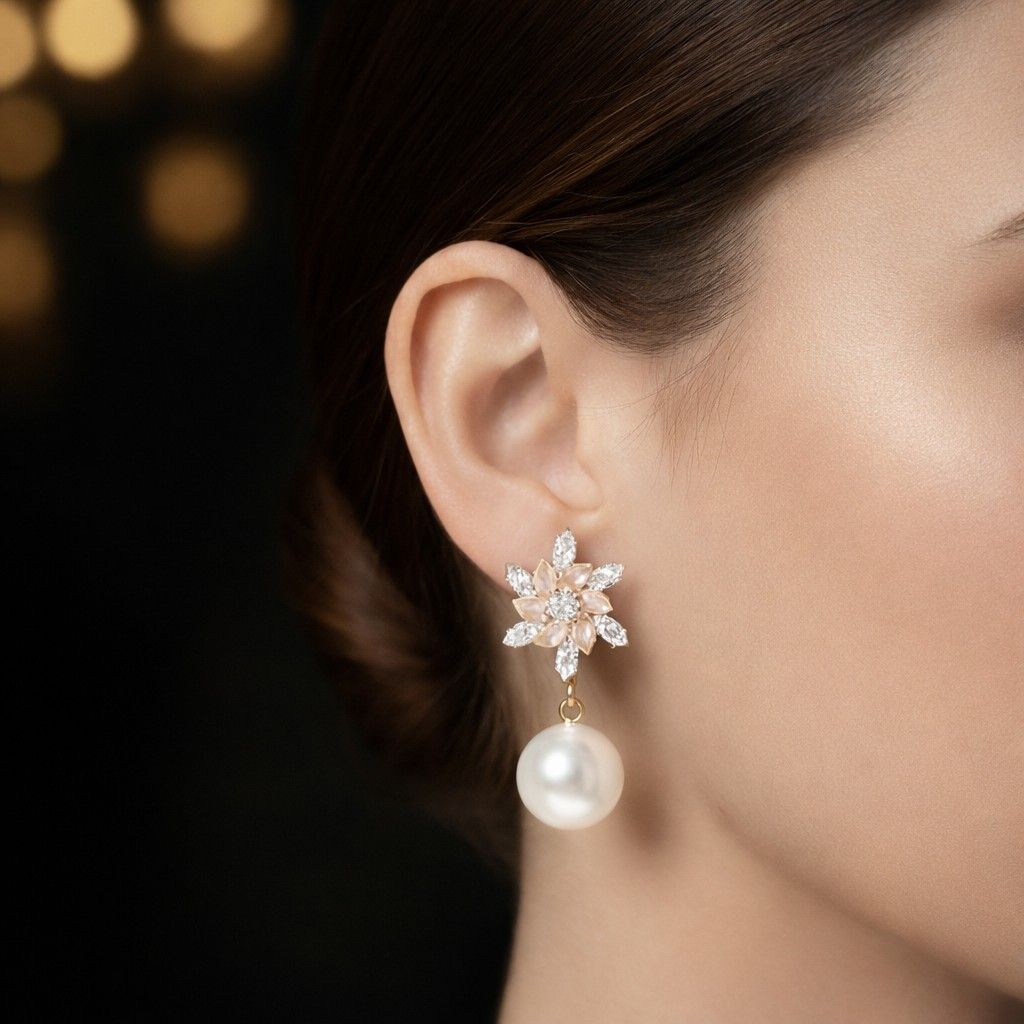 Luxury Floral Crystal Pearl Drop Earrings – Red & Clear Stone Design