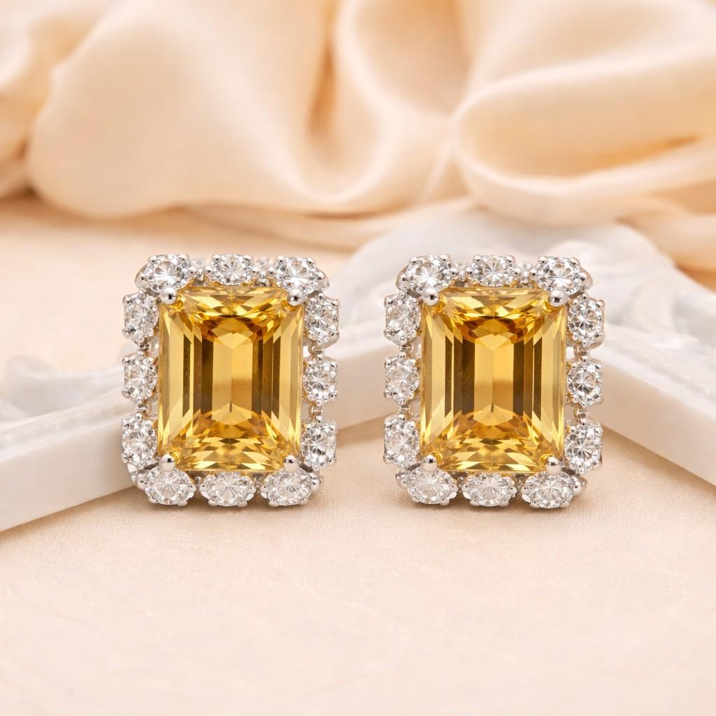 Golden Emerald Cut Crystal Stud Earrings