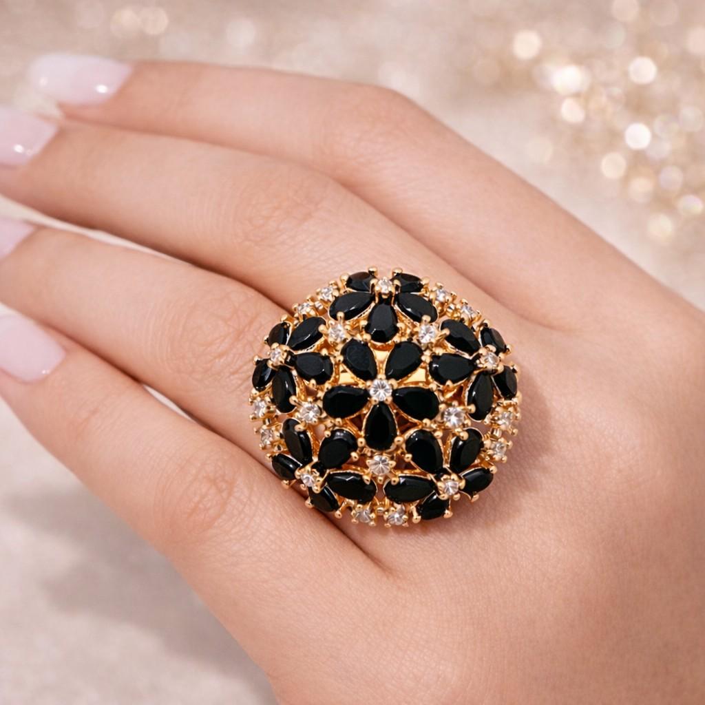 Black Crystal Floral Dome Statement Ring