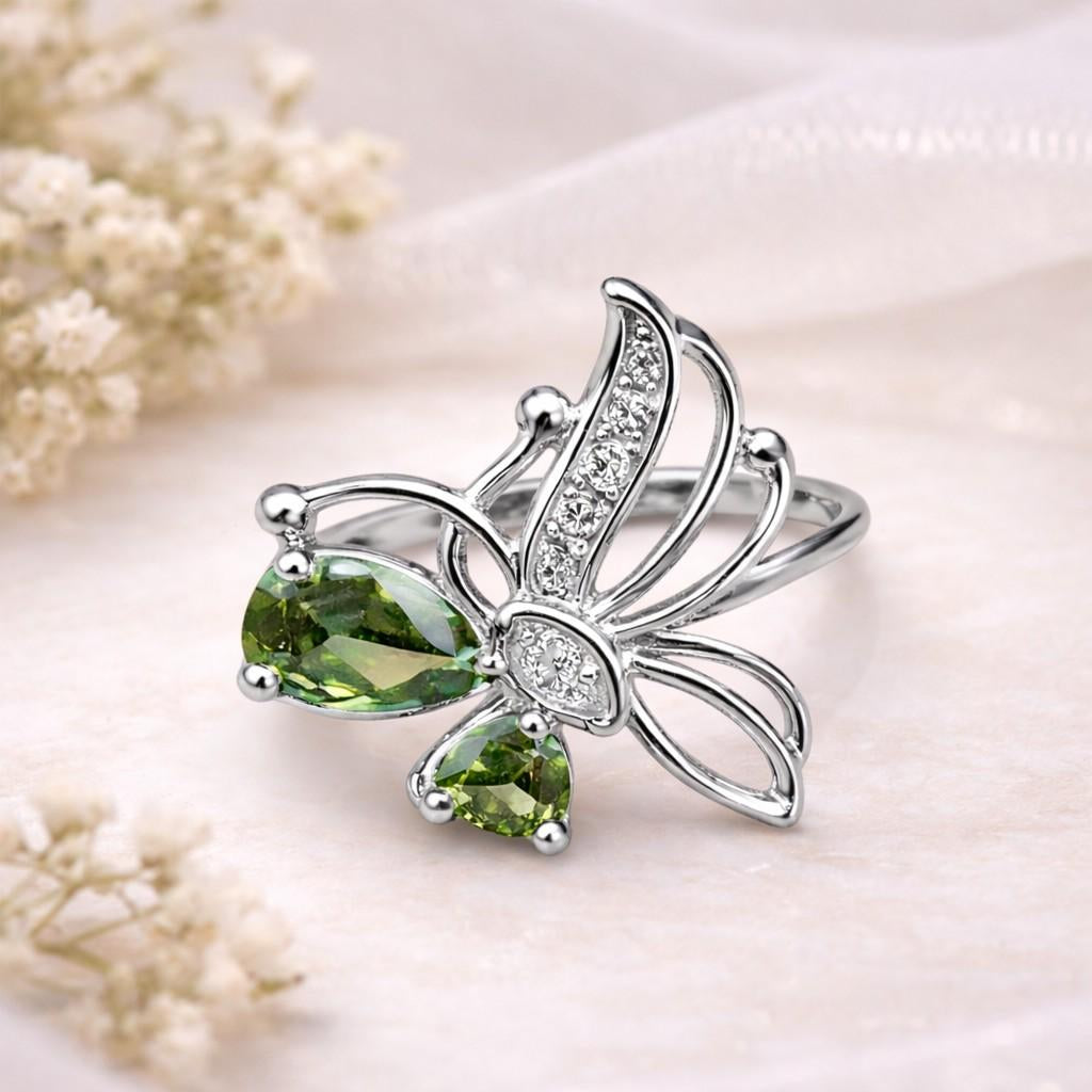 Green Crystal Butterfly Adjustable Ring