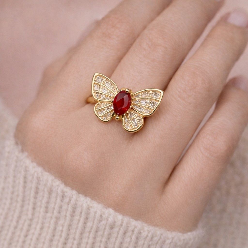 Red Crystal Butterfly Statement Ring
