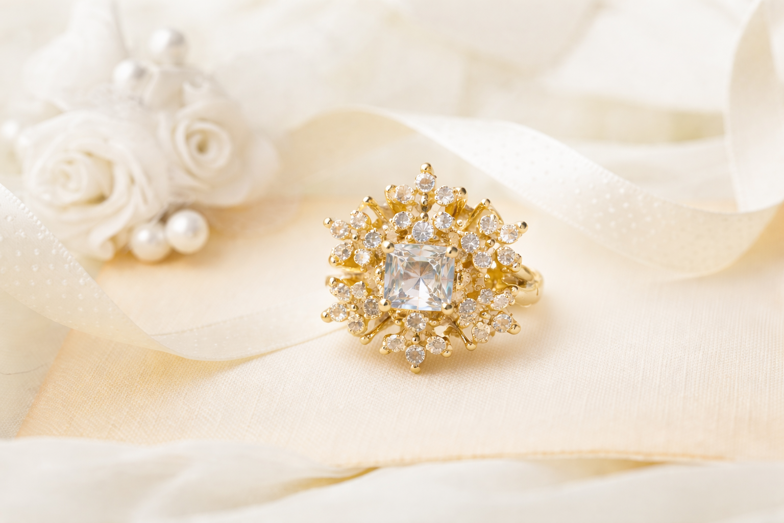 Gold Crystal Floral Cluster Statement Ring