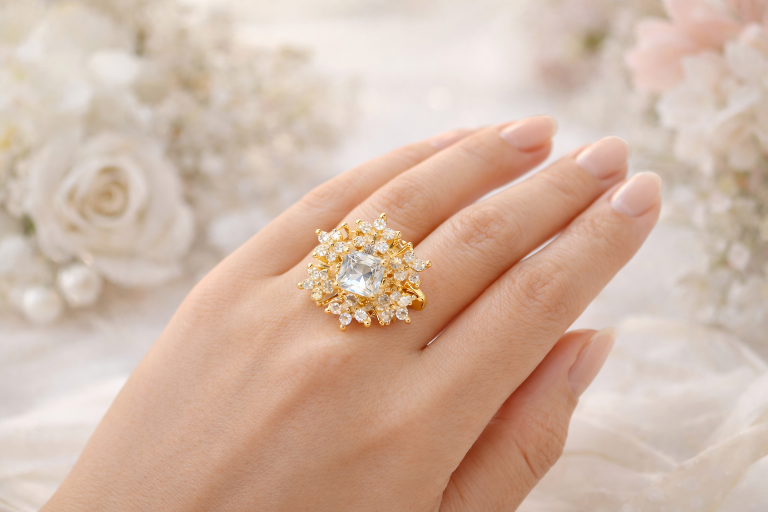 Gold Crystal Floral Cluster Statement Ring